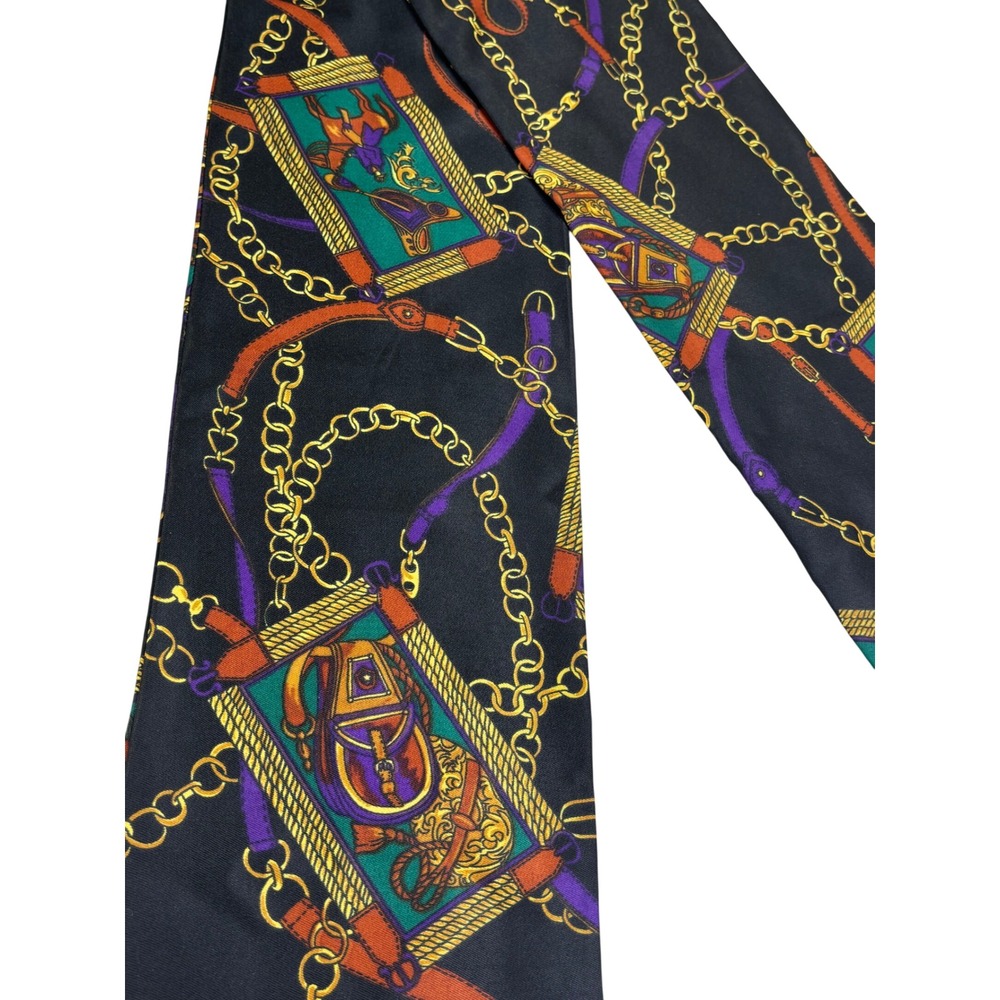 Vintage Equestrian Chain Belt Print Oblong Scarf Black Green Gold Purple 60 Inch - Picture 1 of 4